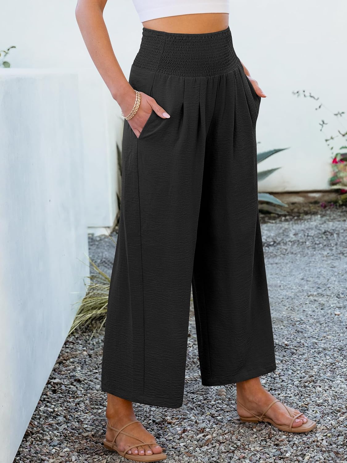 Roxanne Calças Mulher – Palazzo Largas Cintura Alta Fluídas & Bolsos Verão