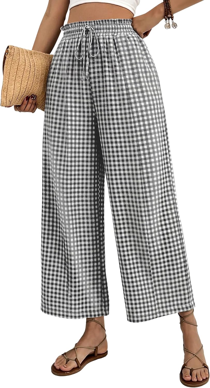 Mindi Pantalon Femme Palazzo – Coupe Large Fluide, Taille Élastique Cordon Casual Chic