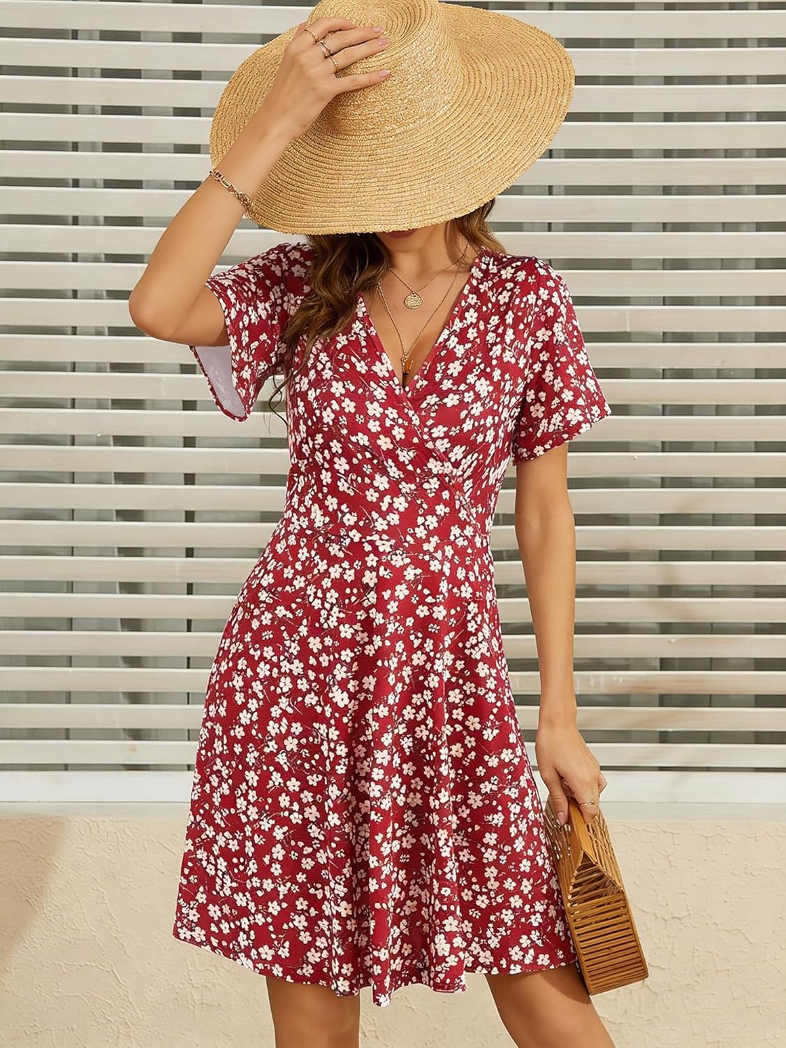 Vestido cruzado Léa para mujer – Vestido midi floral con escote en V y cintura alta