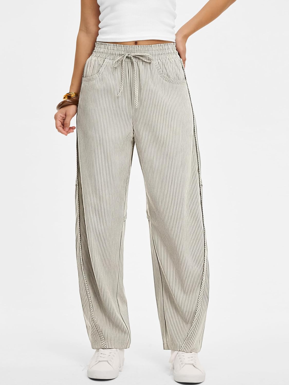 Kim Pantalon Femme Rayé Barrel – Coupe Large, Taille Élastique, Style Décontracté