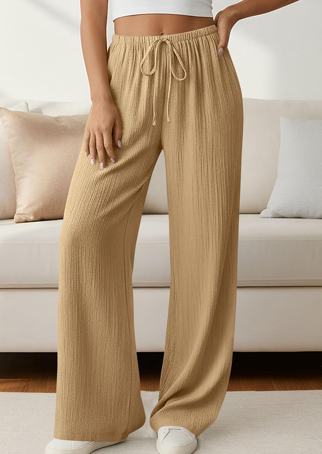 Jessica Pantalon Femme – Palazzo Large Taille Haute Cordon & Poches Été