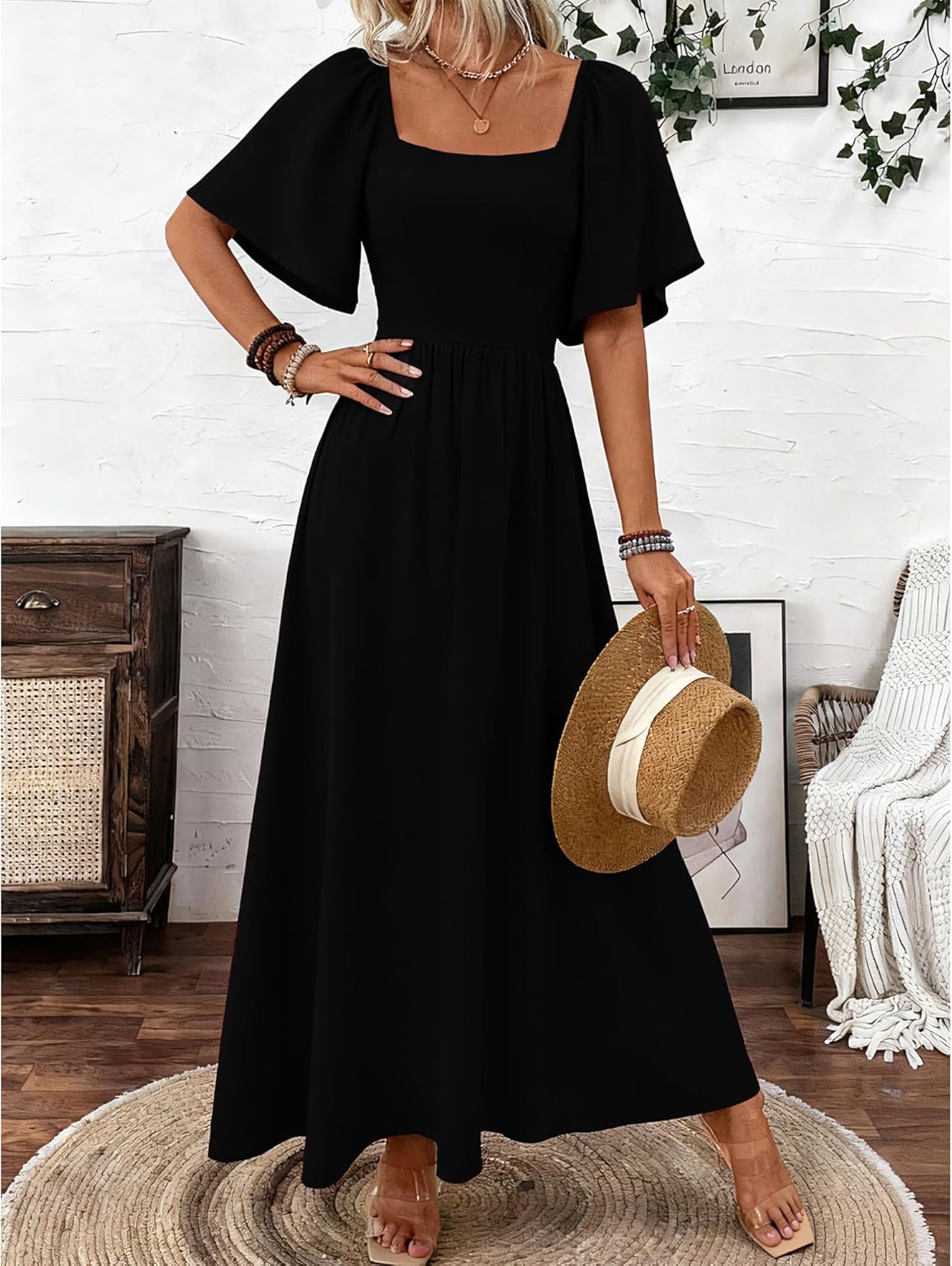 Vestido largo para mujer Patricia – Cuello cuadrado, corte línea A fluido, mangas murciélago verano