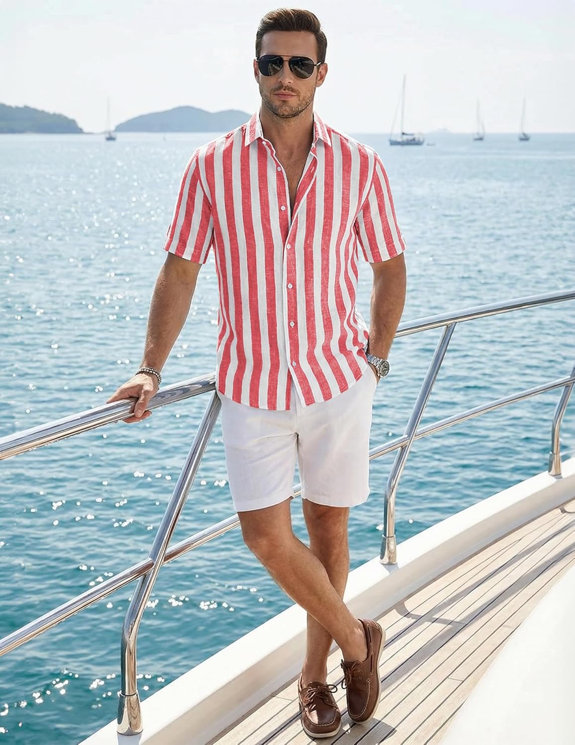 Julien Camisa Homem – Camisa às Riscas Manga Curta, Estilo Verão Casual Chic