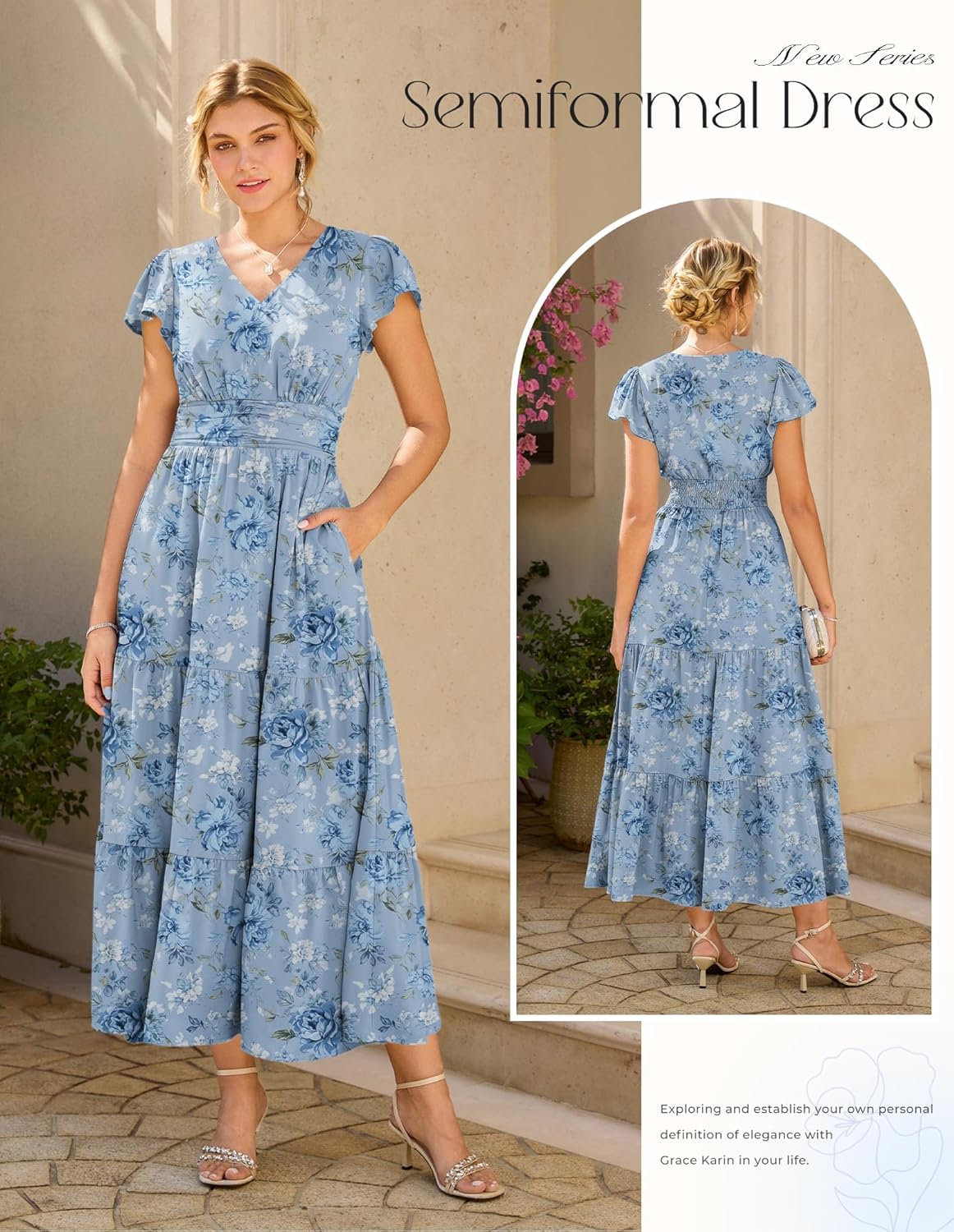 Vestido Midi Feminino Sophie Floral – Decote em V, Mangas com Folhos, Cintura Marcada, Bolsos