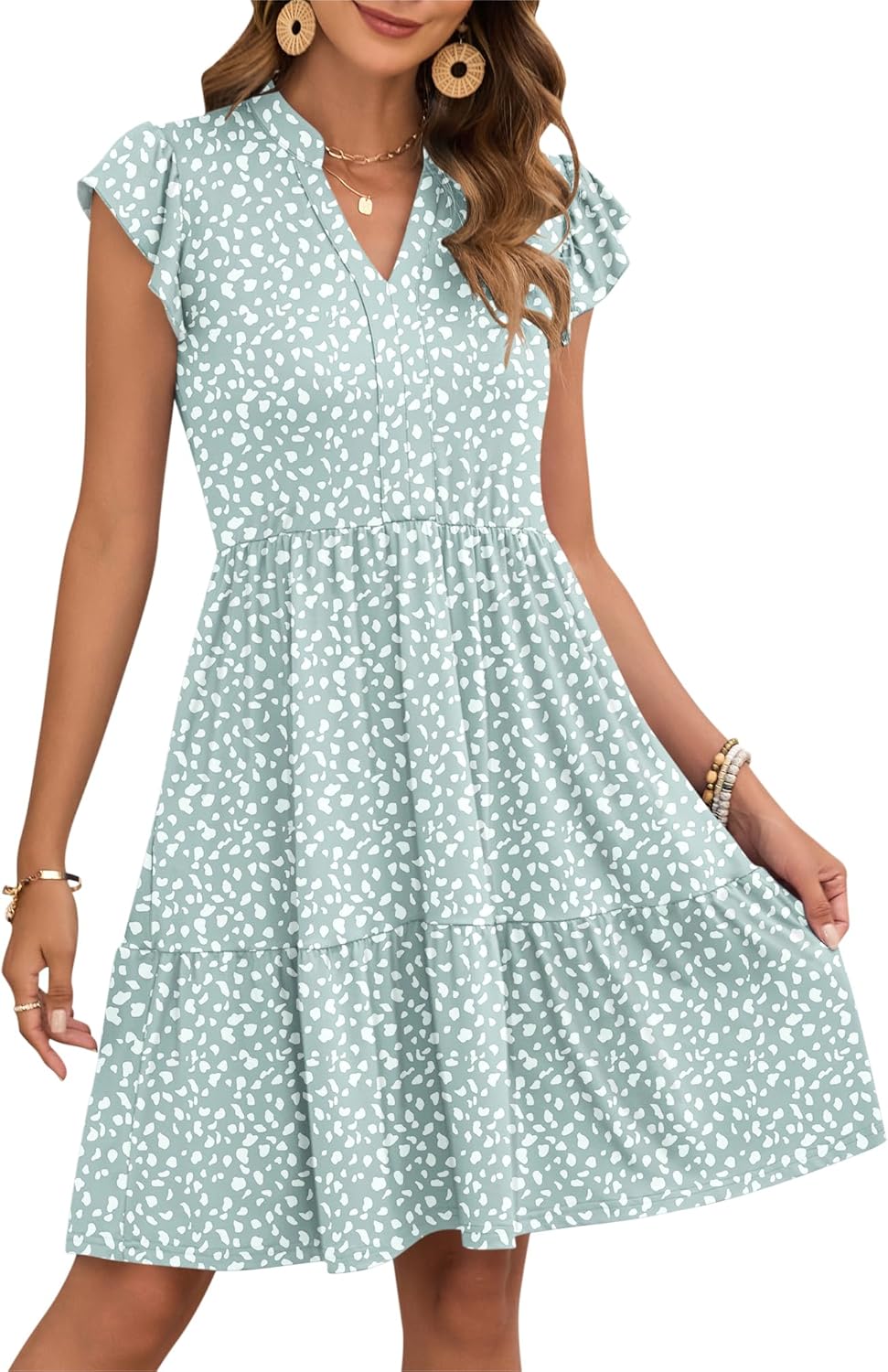 Vestido Curto Aida Mulher Verão – Vestido Decote V com Mangas com Folhos, Cintura Elástica e Bolsos