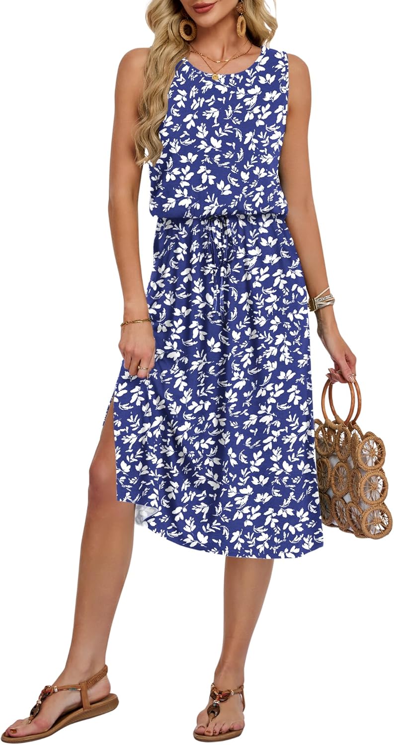 Léa jurk dames – midi jurk zonder mouwen met ronde hals, split, zakken, verstelbare taille, zomer