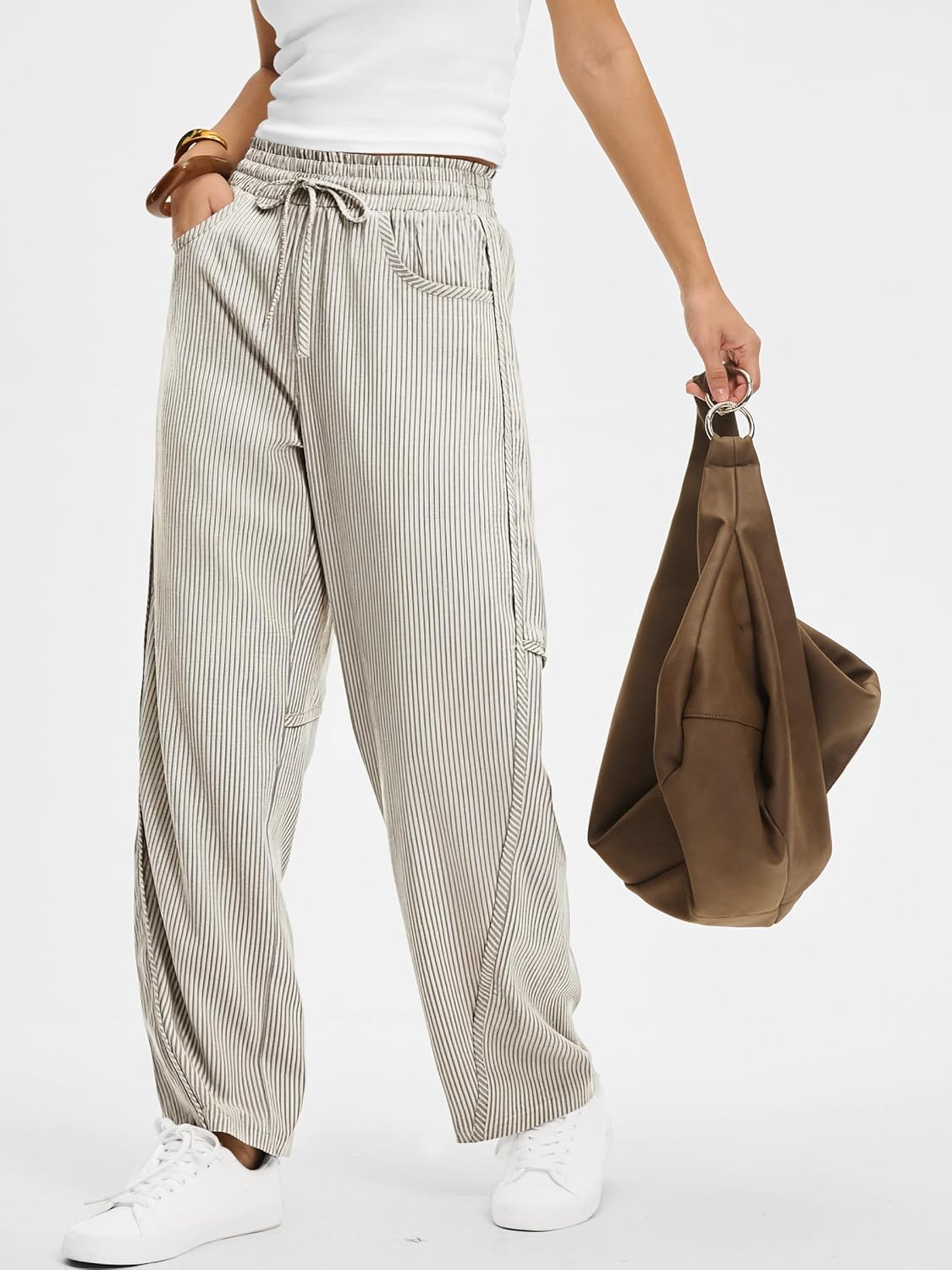 Kim Pantalon Femme Rayé Barrel – Coupe Large, Taille Élastique, Style Décontracté