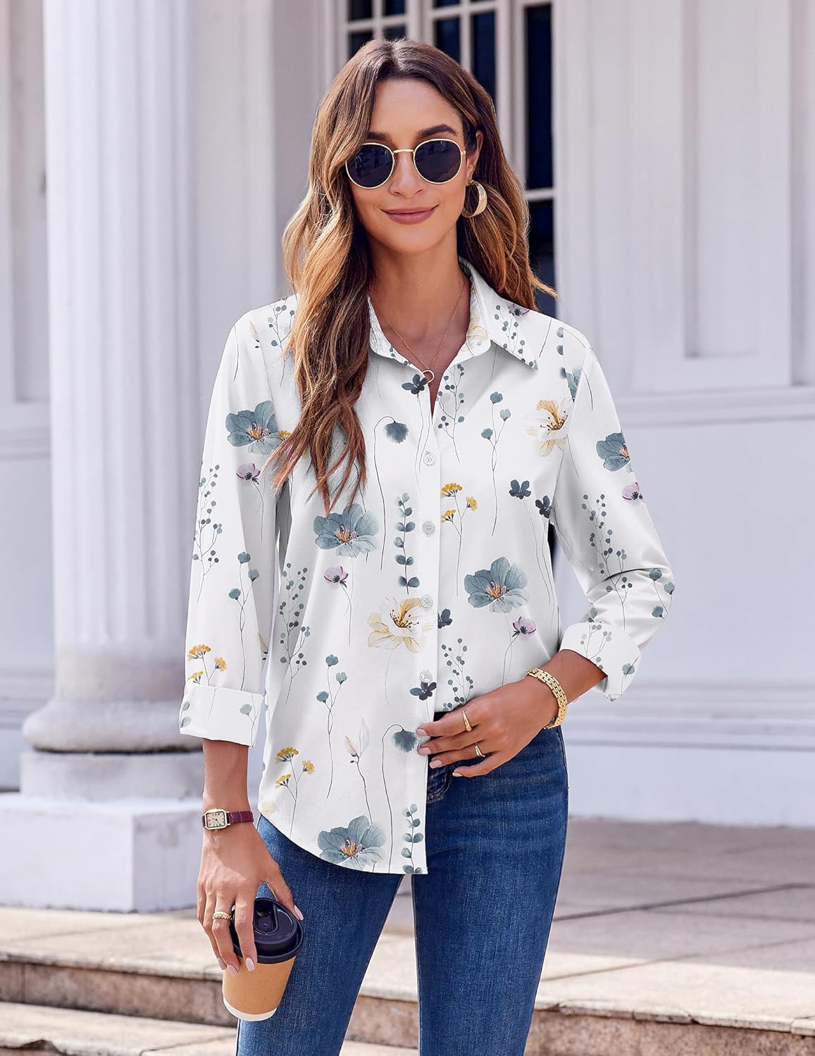 Concha blouse dames met bloemenprint – lange mouwen, met knopen, elegante ruime pasvorm