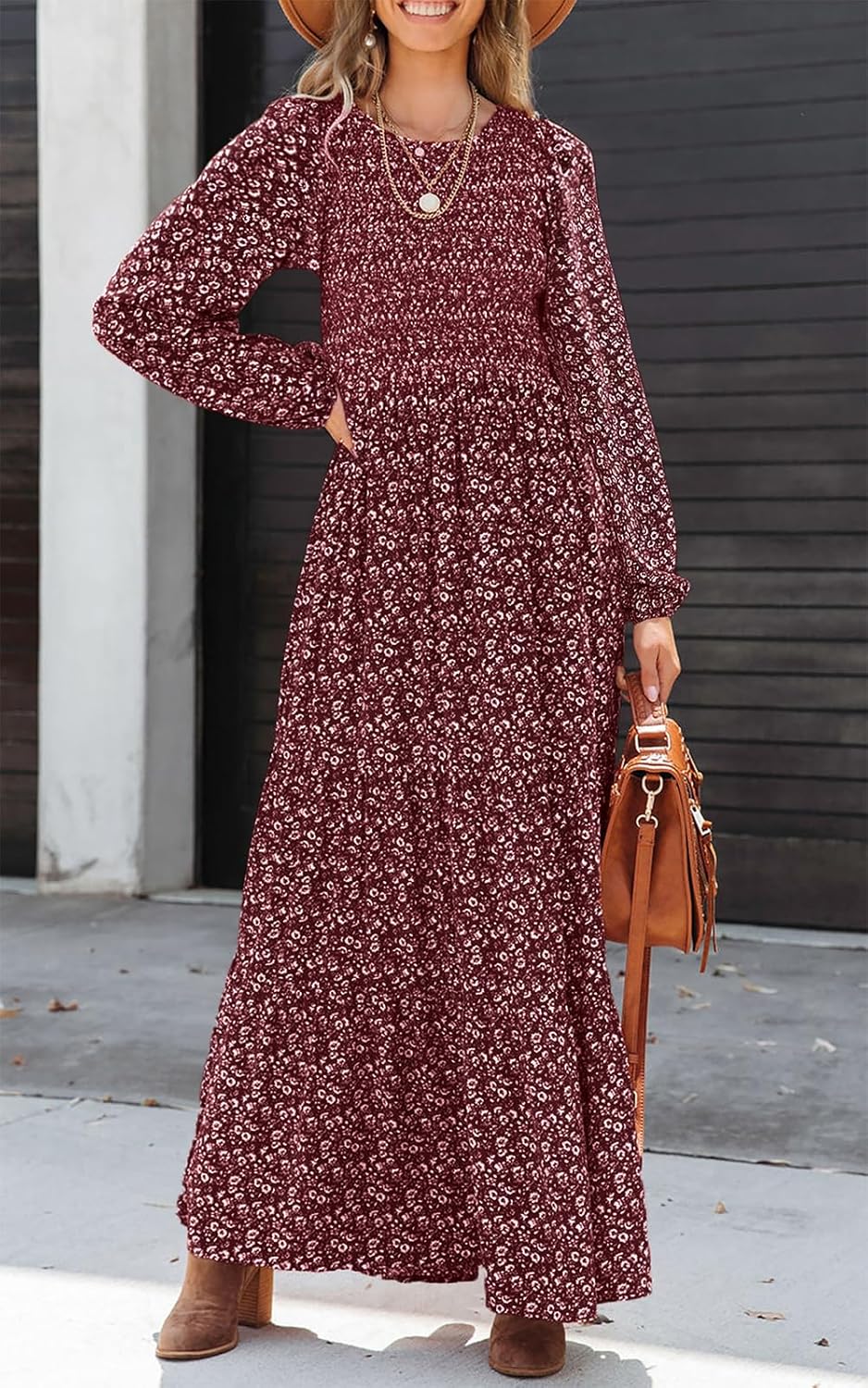 Sophie Maxi Kjole til Kvinder – Blomstret Smocket Kjole med Lange Ærmer, Boheme Elegant