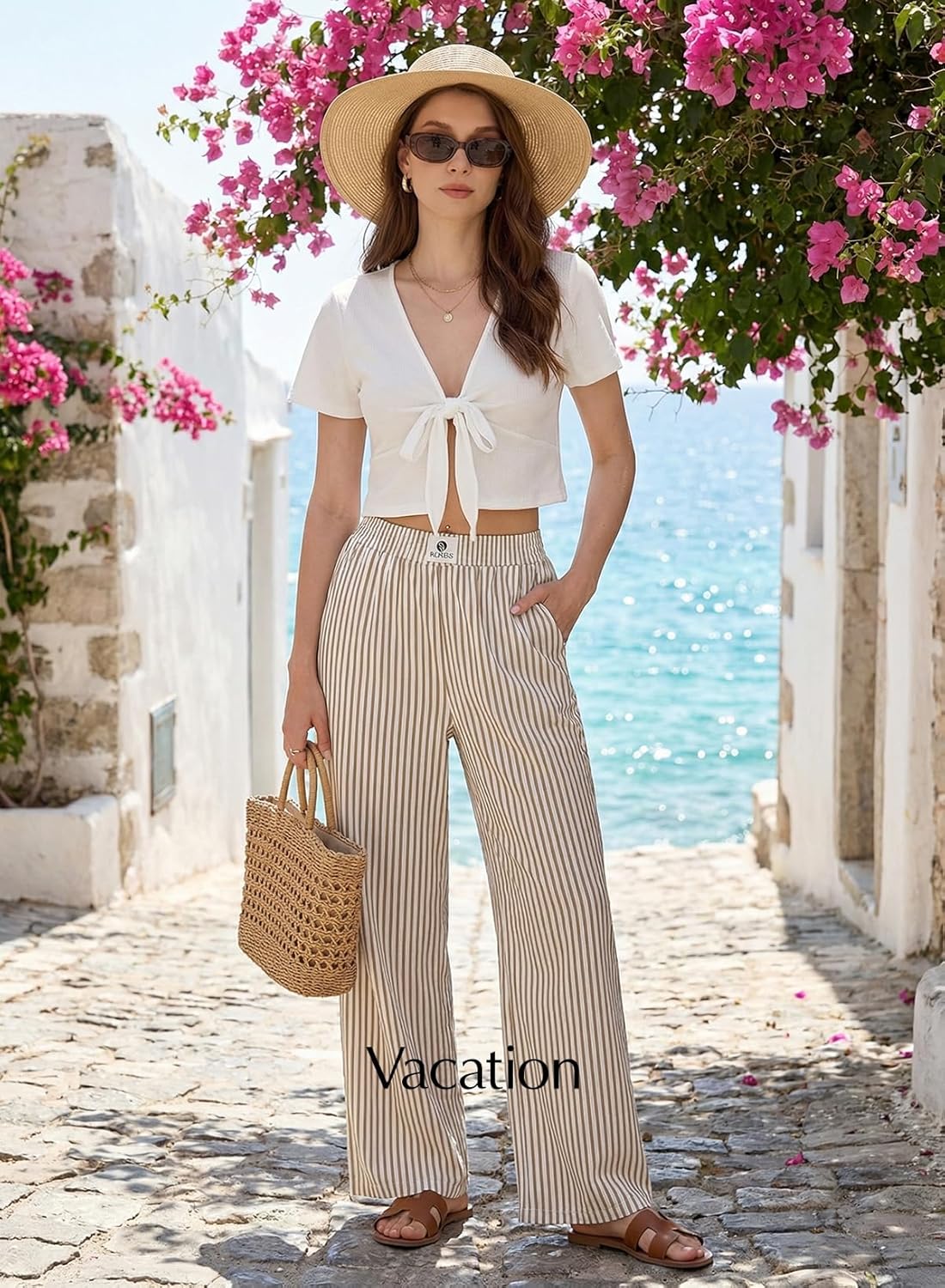 Verna Pantalon Femme Rayé – Coupe Large Fluide, Taille Haute Élastique Lounge Été