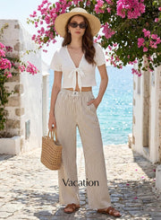 Verna Pantalon Femme Rayé – Coupe Large Fluide, Taille Haute Élastique Lounge Été
