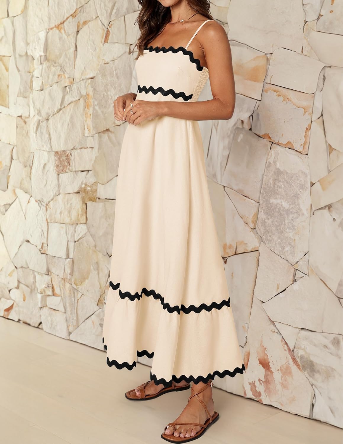 Vestito Midi da Donna Ella – Vestito con Schiena Scoperta, Spalline Sottili, Scollo Arricciato, Fluido, Estivo ed Elegante