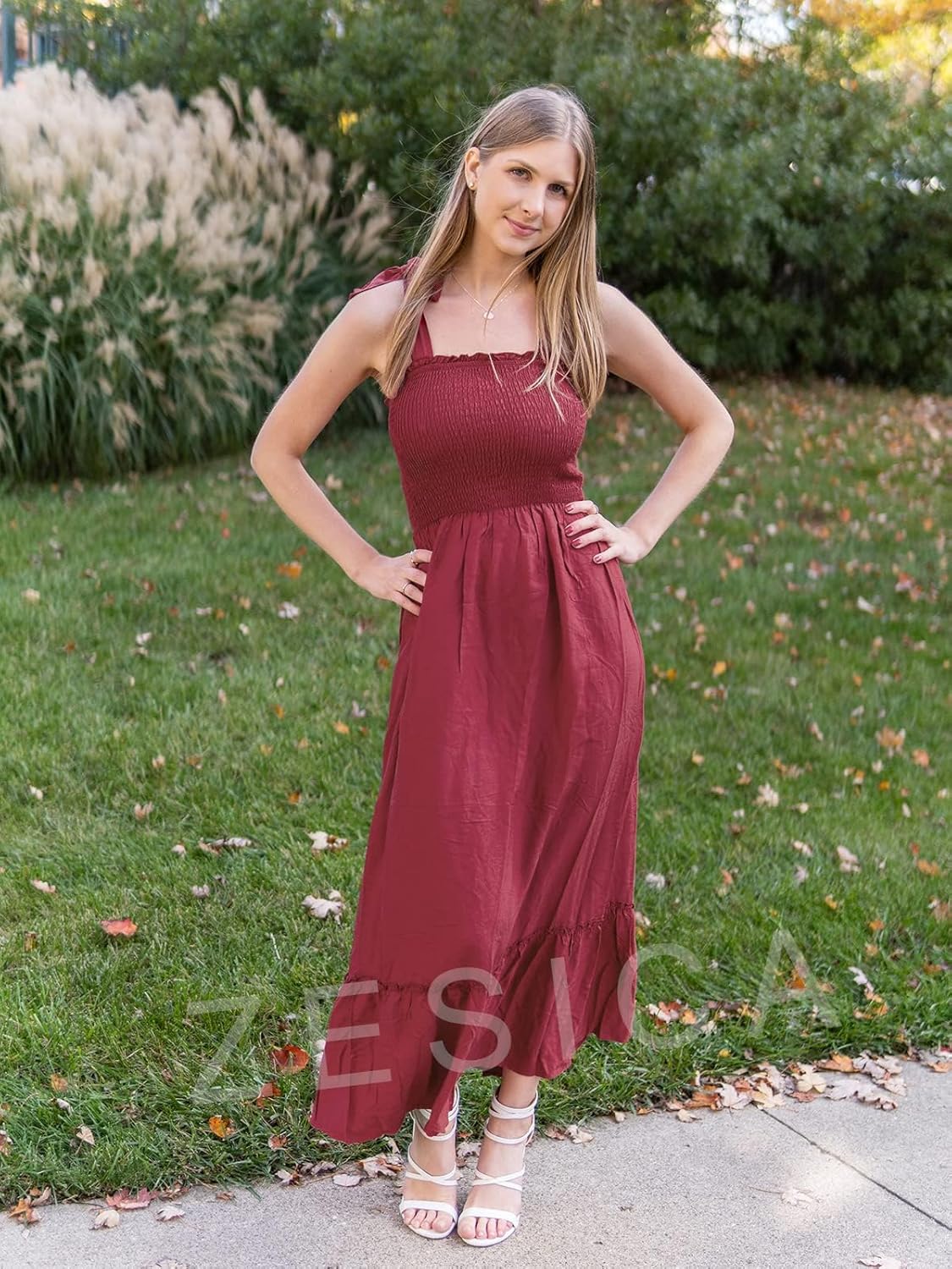 Léa bohemien maxi jurk dames – lange jurk met bandjes, vierkante hals en volant, zomer, elegant
