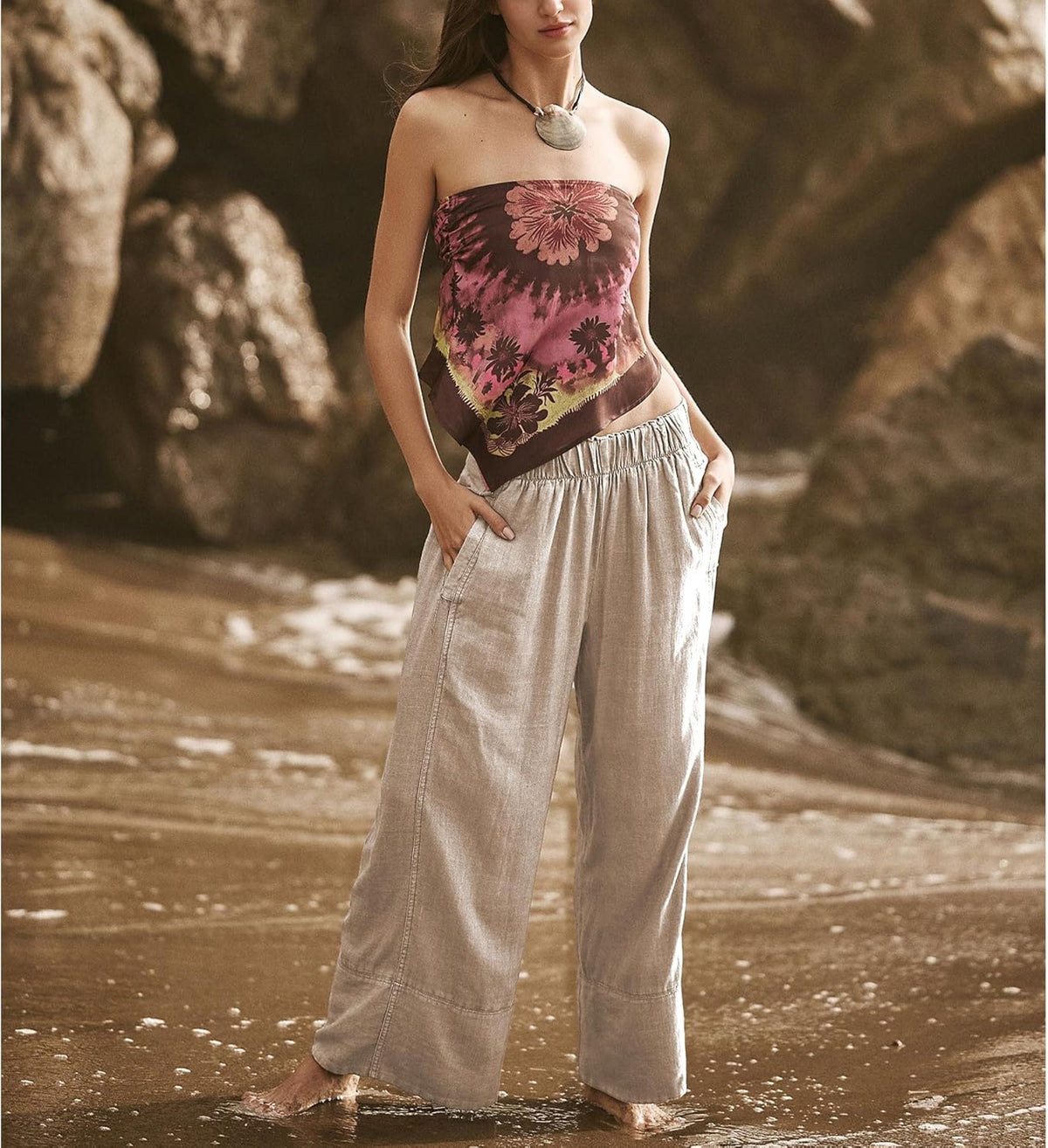 Milan Pantalón Mujer – Pantalón Palazzo de Lino Ancho con Cintura Elástica y Bolsillos