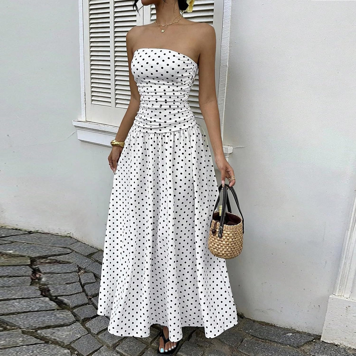 Vestido Sophie Mulher – Vestido Maxi Bandeau com Bolinhas Cintura Alta Fluido Elegante Verão