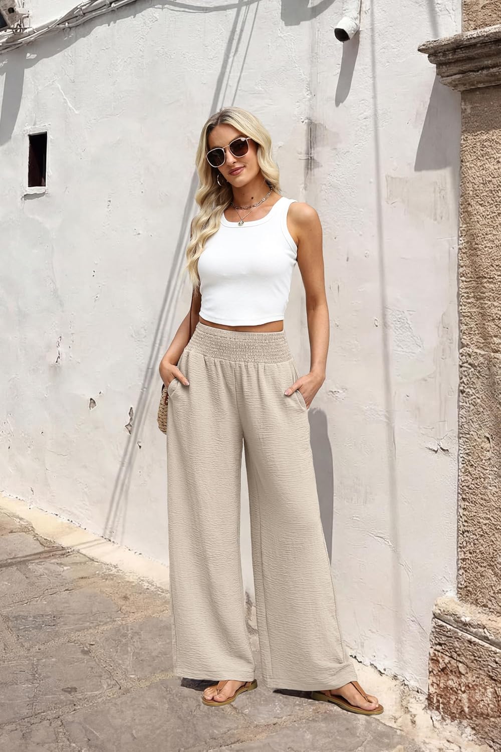 Berta Pantalón Mujer – Pantalón Ancho de Cintura Alta Fluido y con Bolsillos