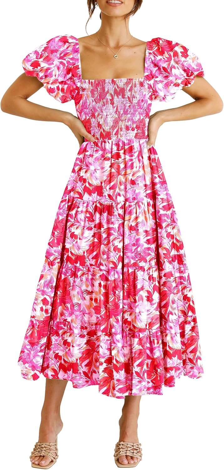 Juanna Robe Midi Femme Été – Robe Col Carré Smockée avec Manches Bouffantes & Volants