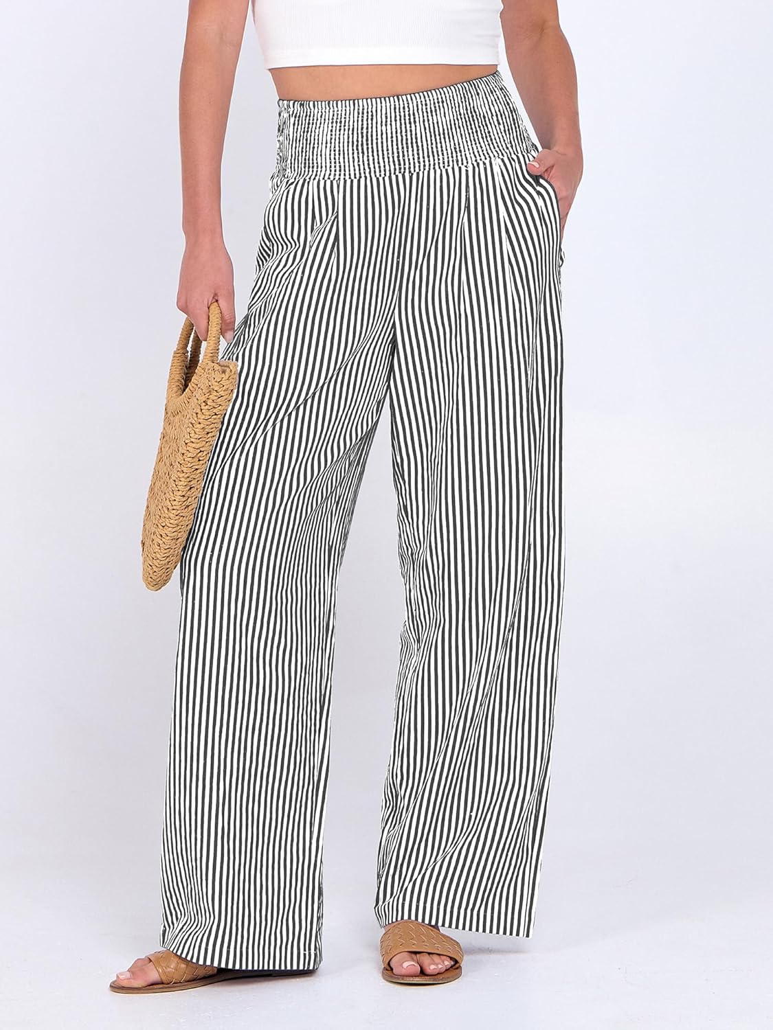 Léah Pantalon Femme – Pantalon Palazzo Rayé Taille Haute & Poches Été
