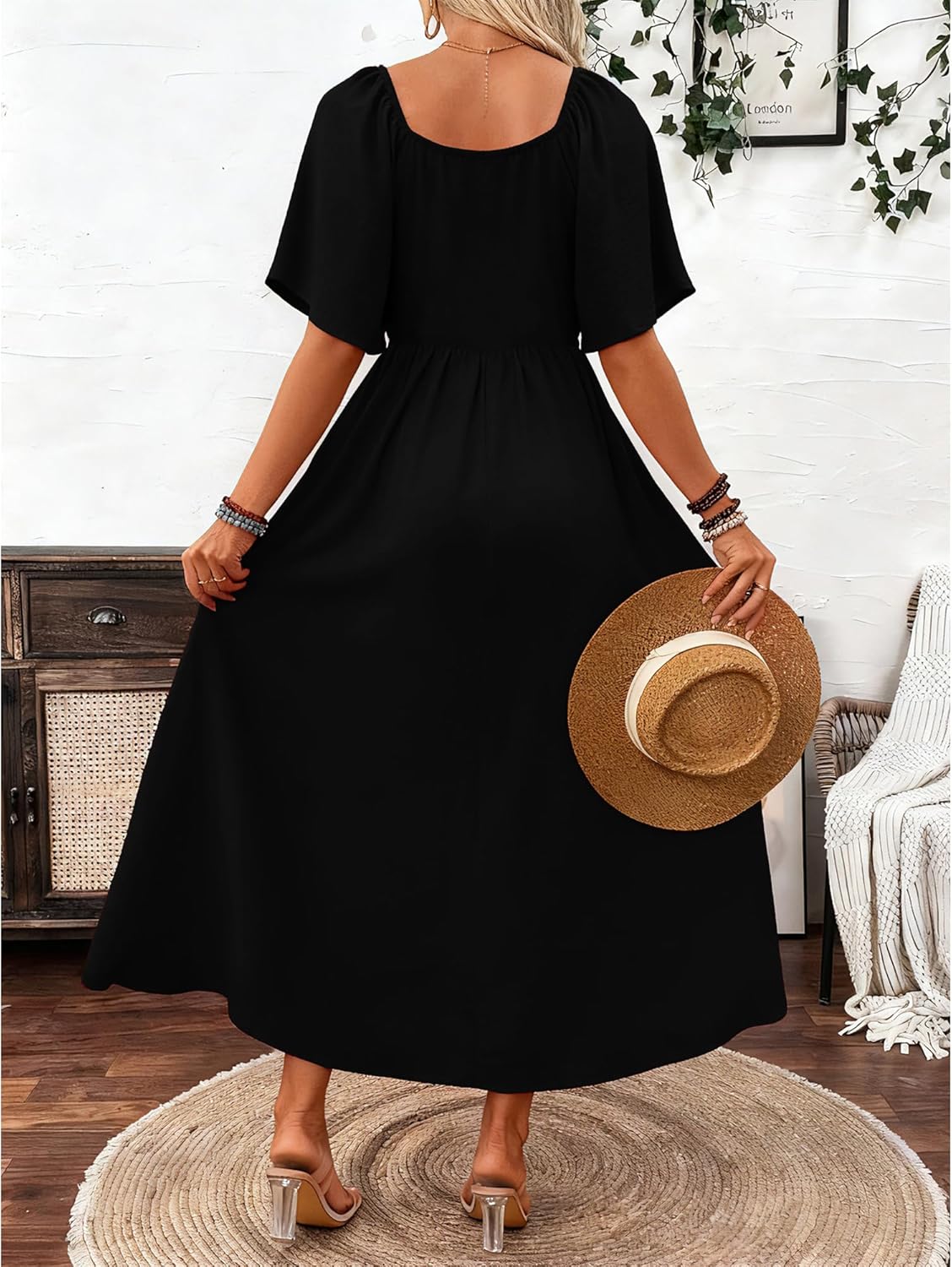 Vestido largo para mujer Patricia – Cuello cuadrado, corte línea A fluido, mangas murciélago verano