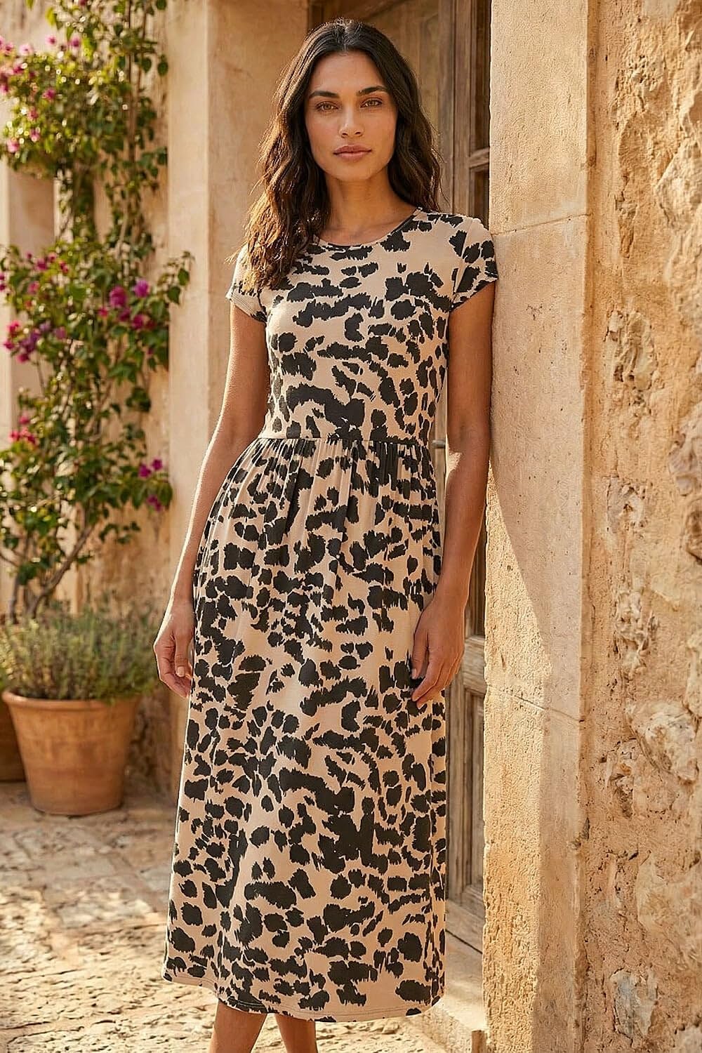 Camille Robe Midi Femme – Robe Jersey Élastique Taille Haute Poches Été Chic