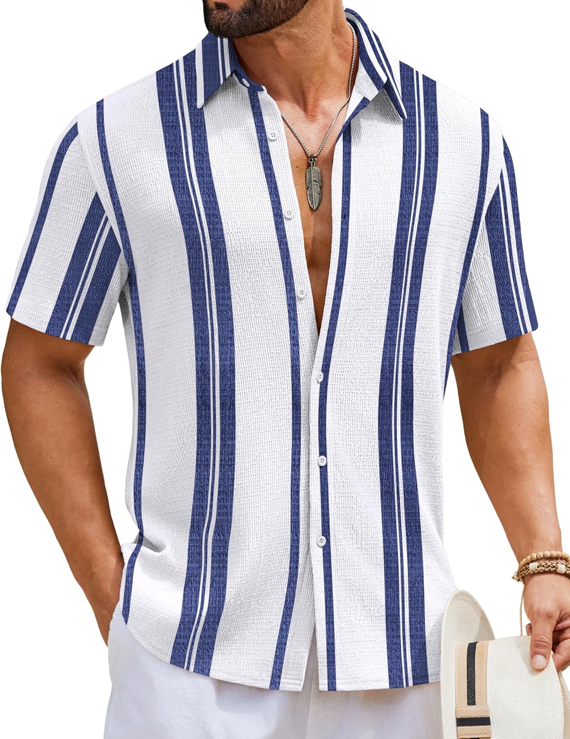 Milan Chemise Herre – Kortærmet Stribet Tekstureret Skjorte, Casual Sommerstil