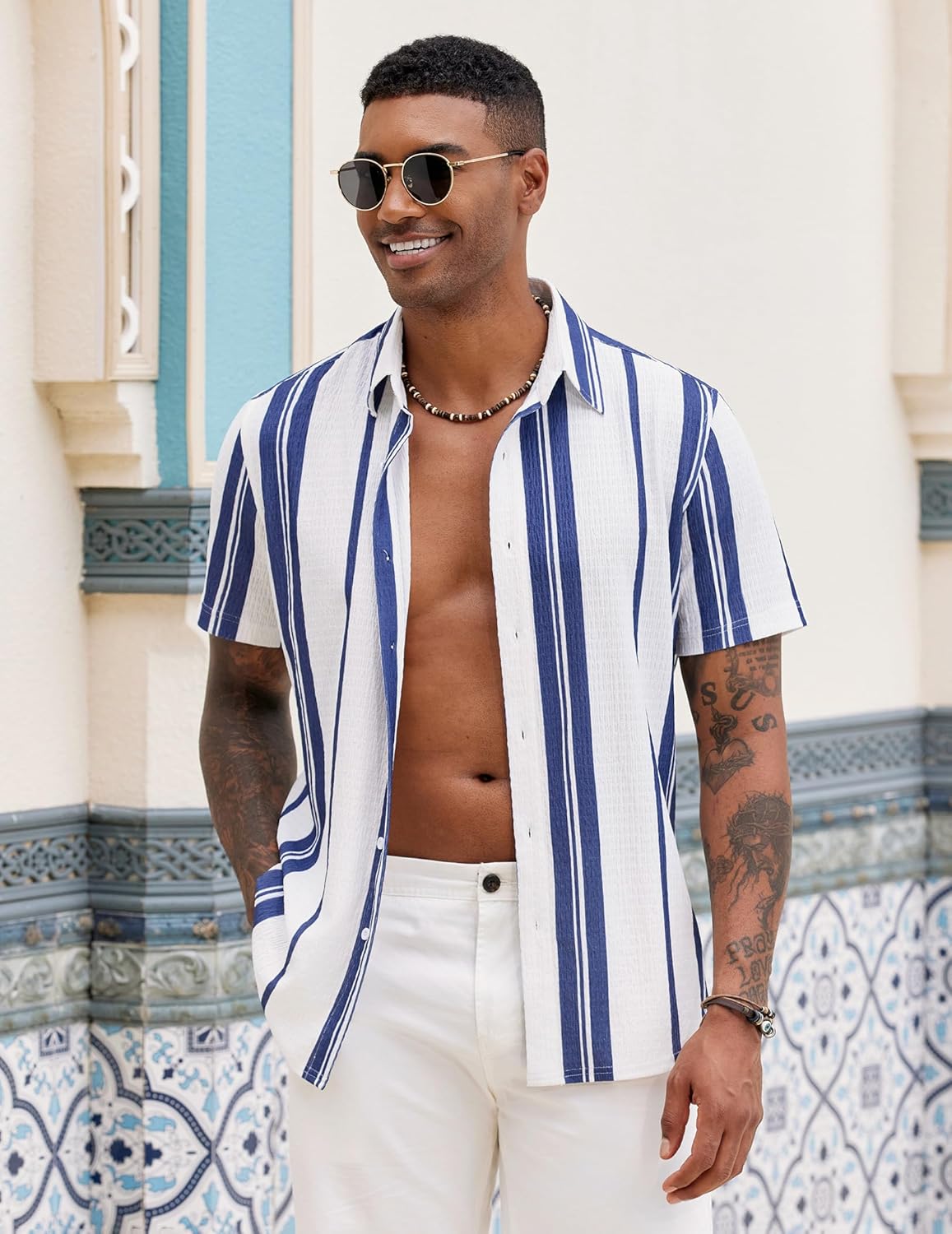Milan Chemise Herre – Kortærmet Stribet Tekstureret Skjorte, Casual Sommerstil