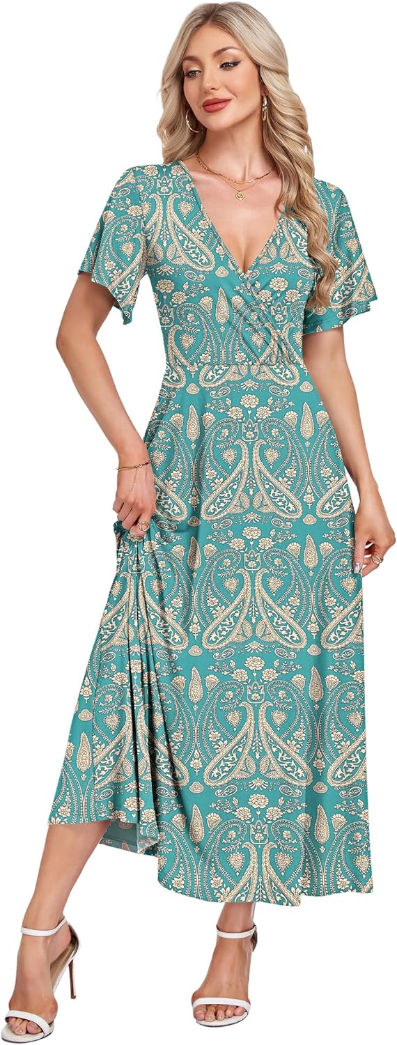 Sophie Abito Maxi Fiorito – Abito Estivo Scollo a V Fluido con Tasche Elegante Donna