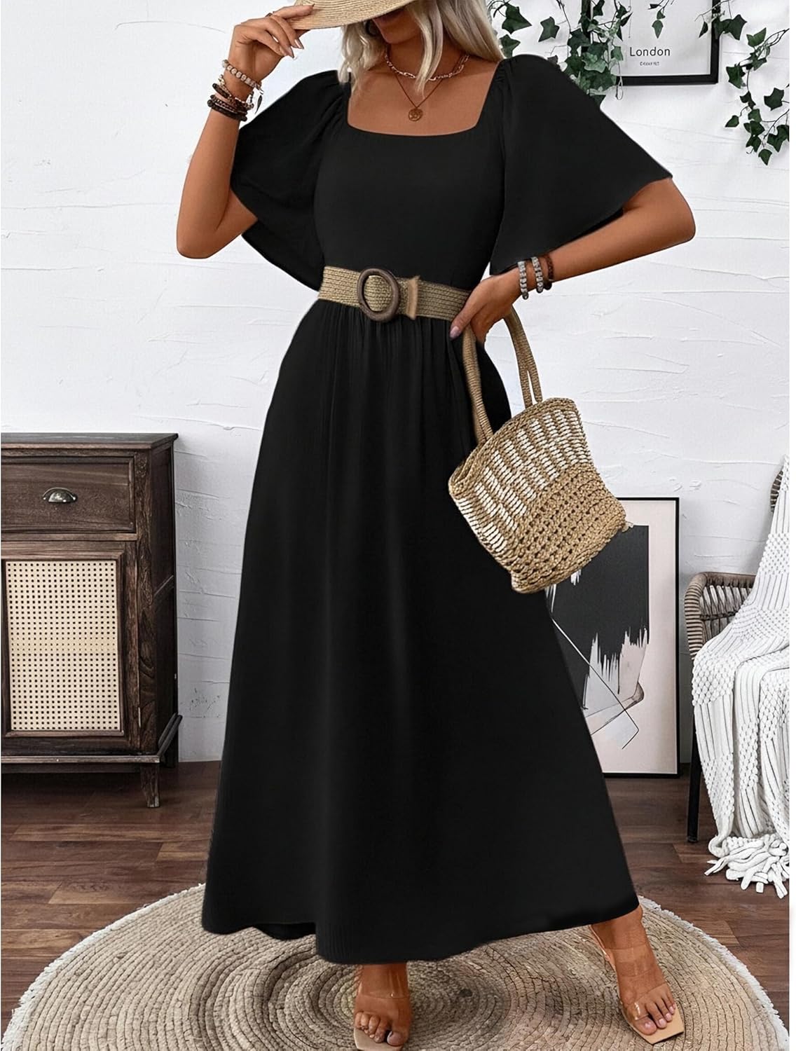 Vestido largo para mujer Patricia – Cuello cuadrado, corte línea A fluido, mangas murciélago verano