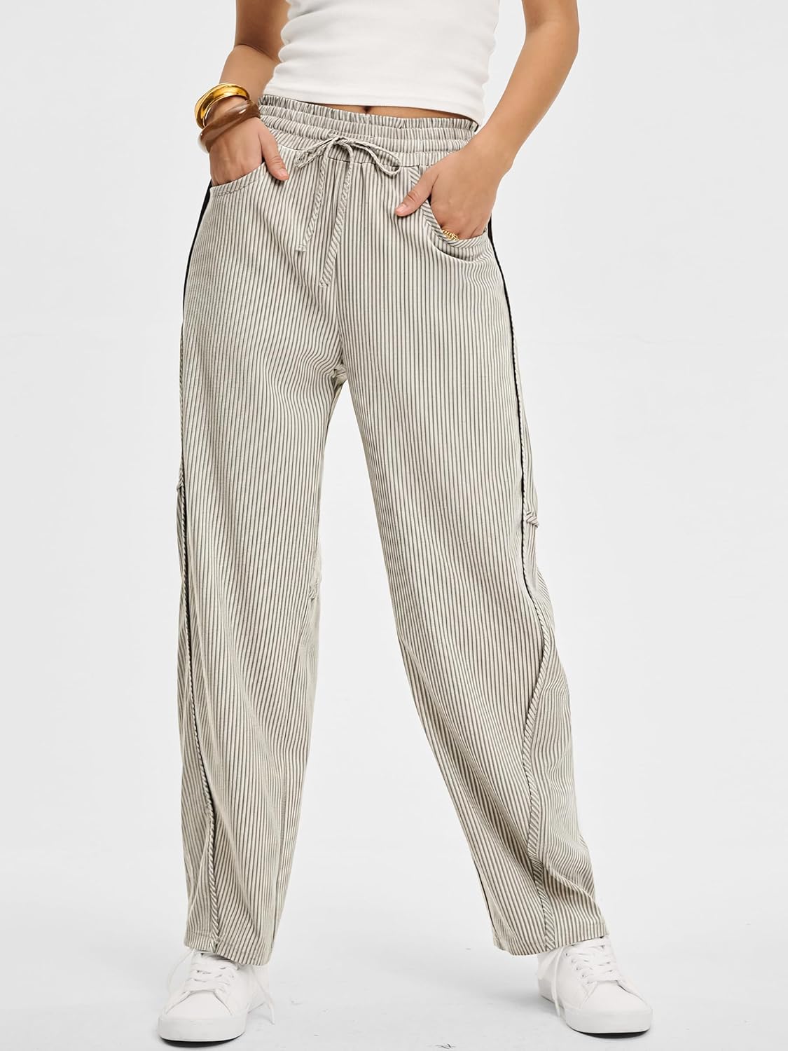 Kim Pantalon Femme Rayé Barrel – Coupe Large, Taille Élastique, Style Décontracté