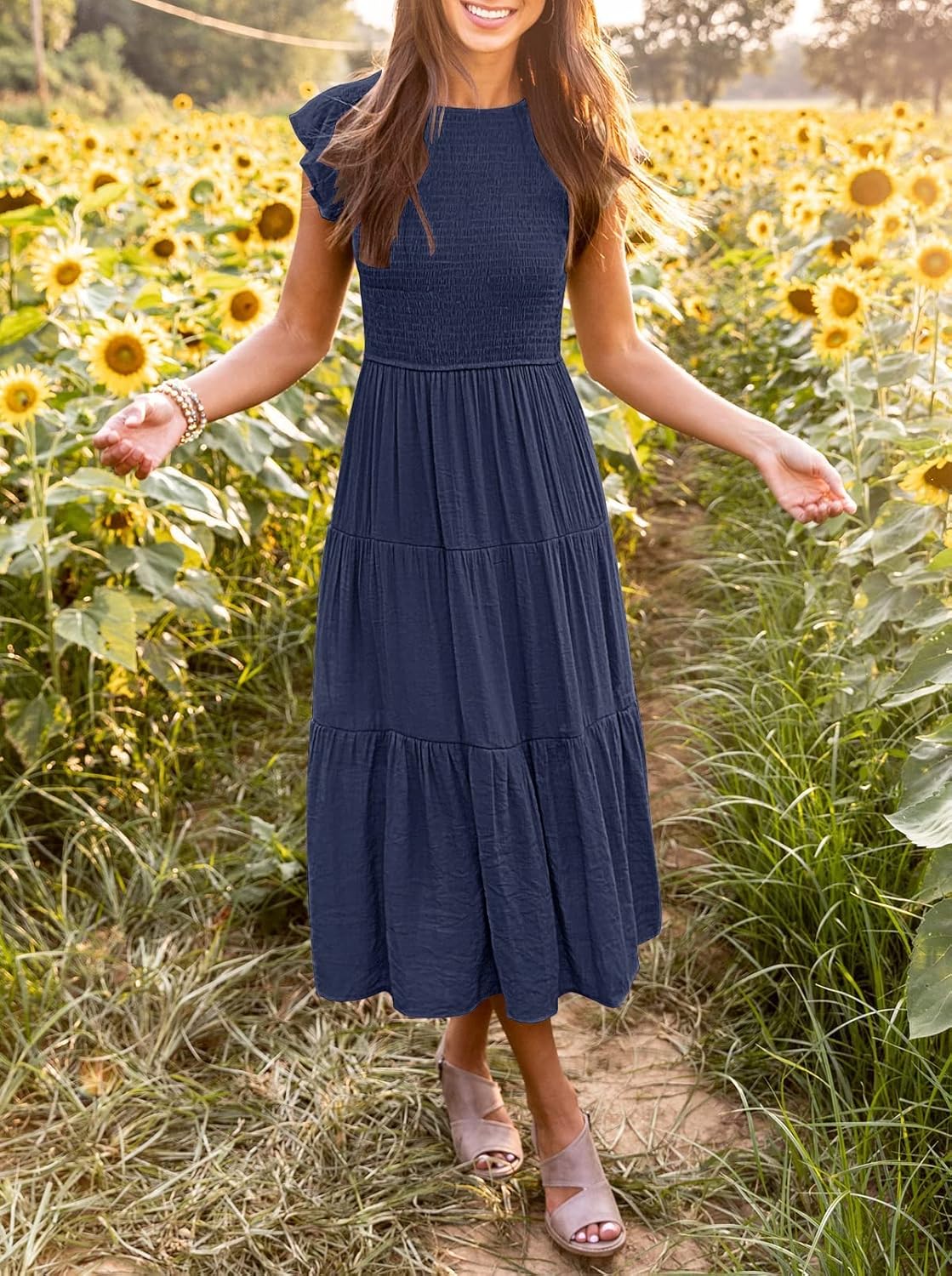 Midi šaty Louise pre ženy – letné šaty so smockovaním, volánovými rukávmi, elegantný áčkový strih