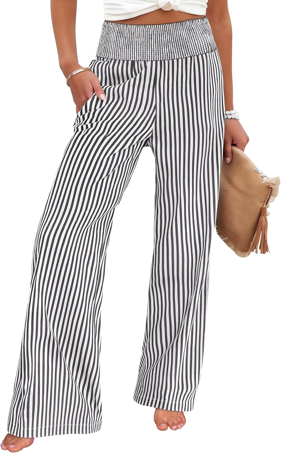 Léah Pantalon Femme – Pantalon Palazzo Rayé Taille Haute & Poches Été