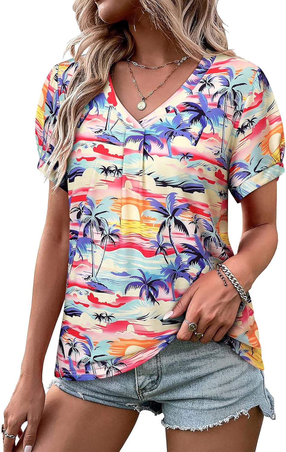 Blusa Aloha Feminina – T-shirt Floral Tropical com Decote em V e Mangas Bufantes