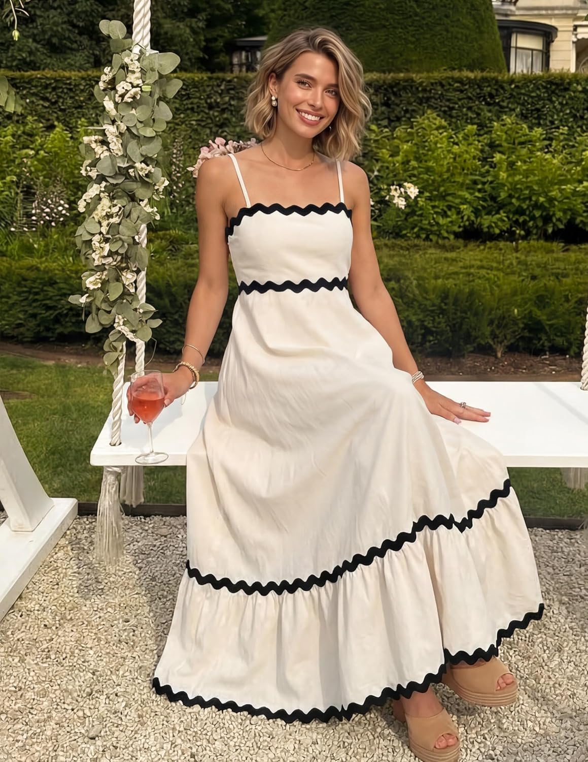 Vestito Midi da Donna Ella – Vestito con Schiena Scoperta, Spalline Sottili, Scollo Arricciato, Fluido, Estivo ed Elegante