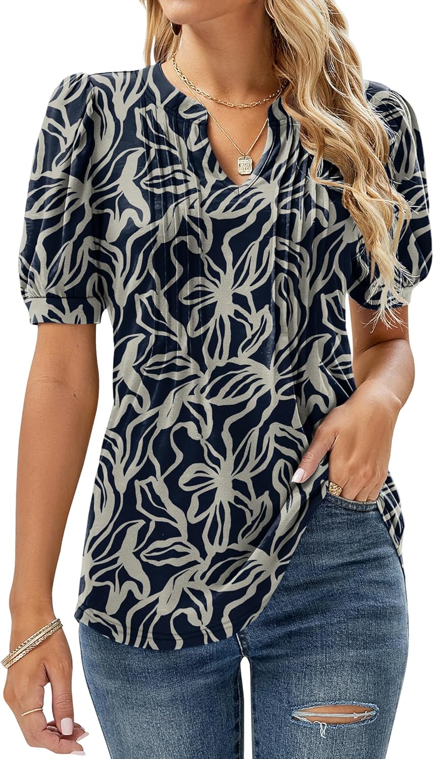Sofía Haut Femme Cuello V – Camiseta Fluida Estampada Floral con Mangas Abullonadas y Detalles Plisados