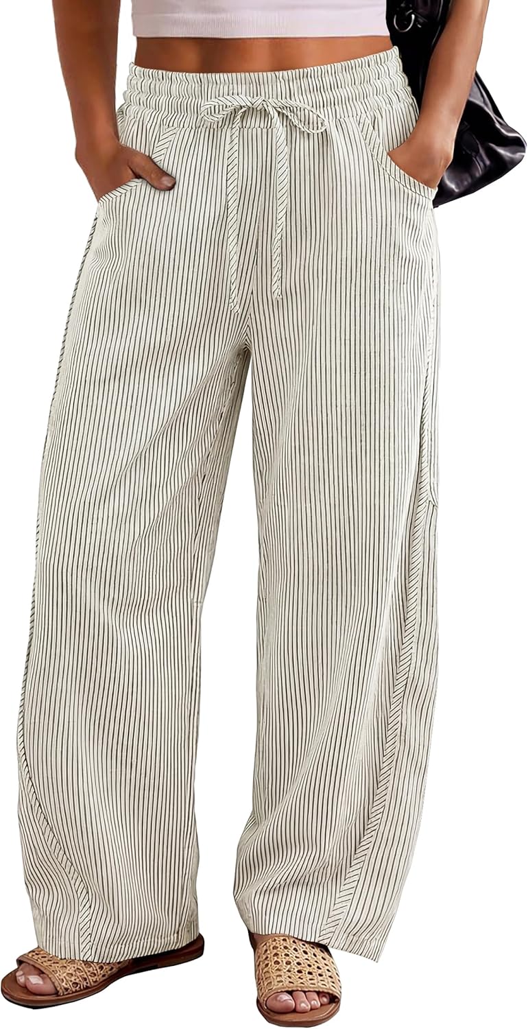 Kim Pantalon Femme Rayé Barrel – Coupe Large, Taille Élastique, Style Décontracté