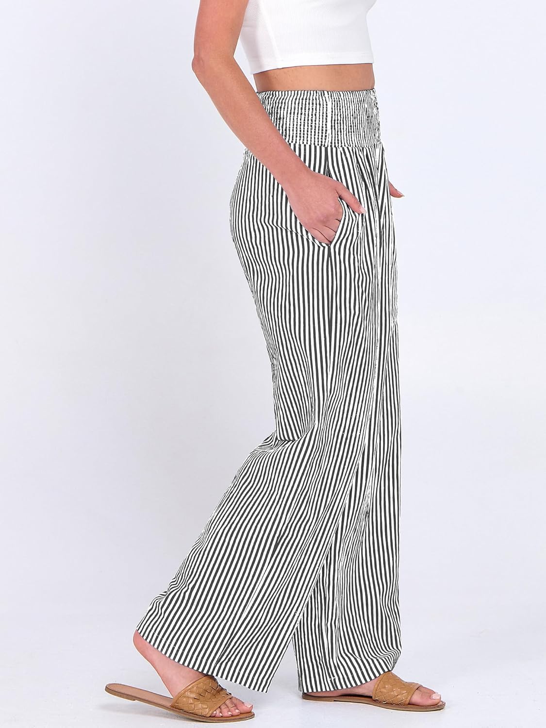 Léah Pantalon Femme – Pantalon Palazzo Rayé Taille Haute & Poches Été
