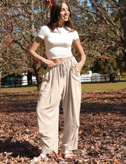 Mercedes Pantalon Femme Lin Harem – Coupe Large, Taille Élastique, Style Décontracté