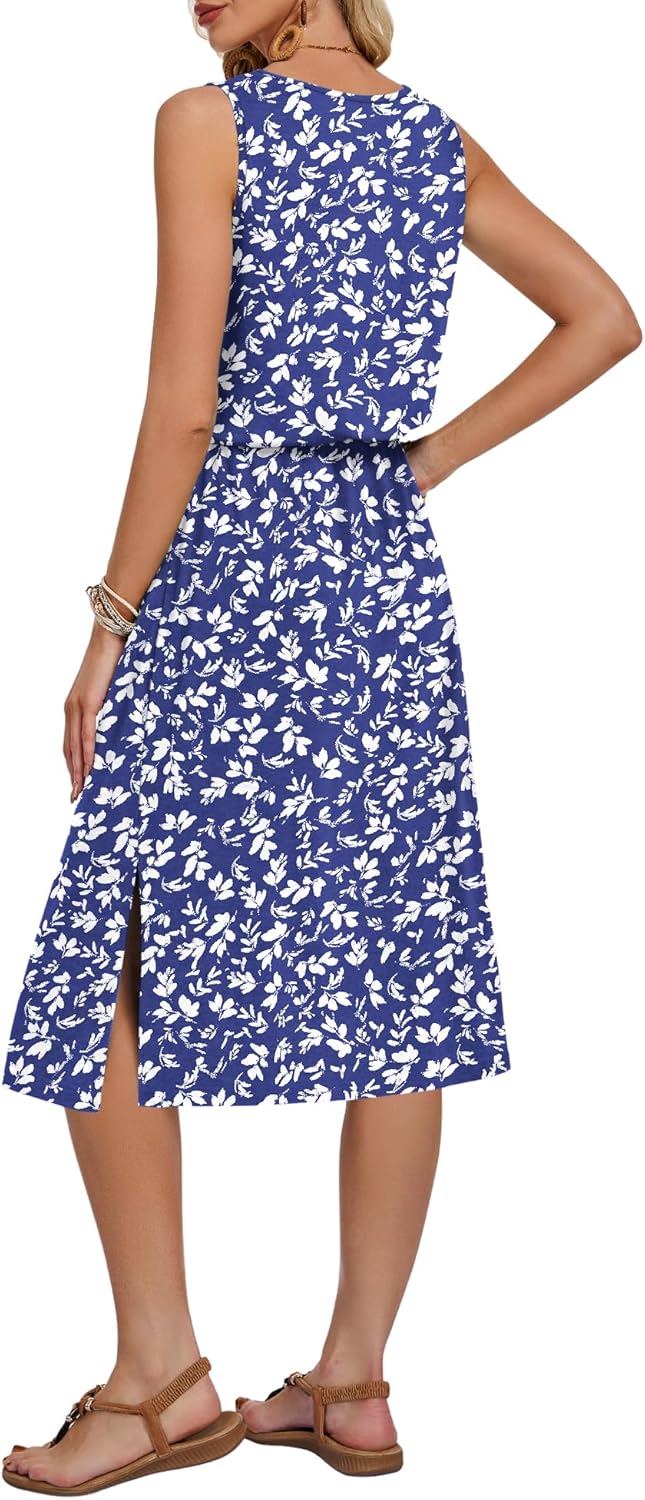 Léa jurk dames – midi jurk zonder mouwen met ronde hals, split, zakken, verstelbare taille, zomer