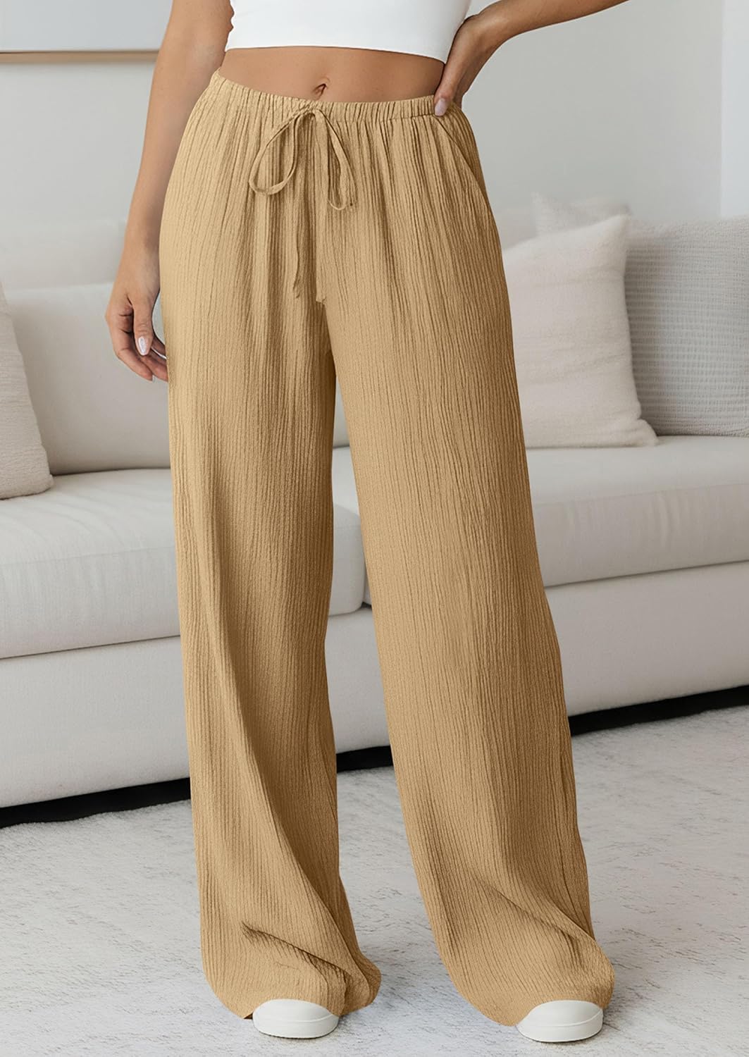 Jessica Pantalon Femme – Palazzo Large Taille Haute Cordon & Poches Été