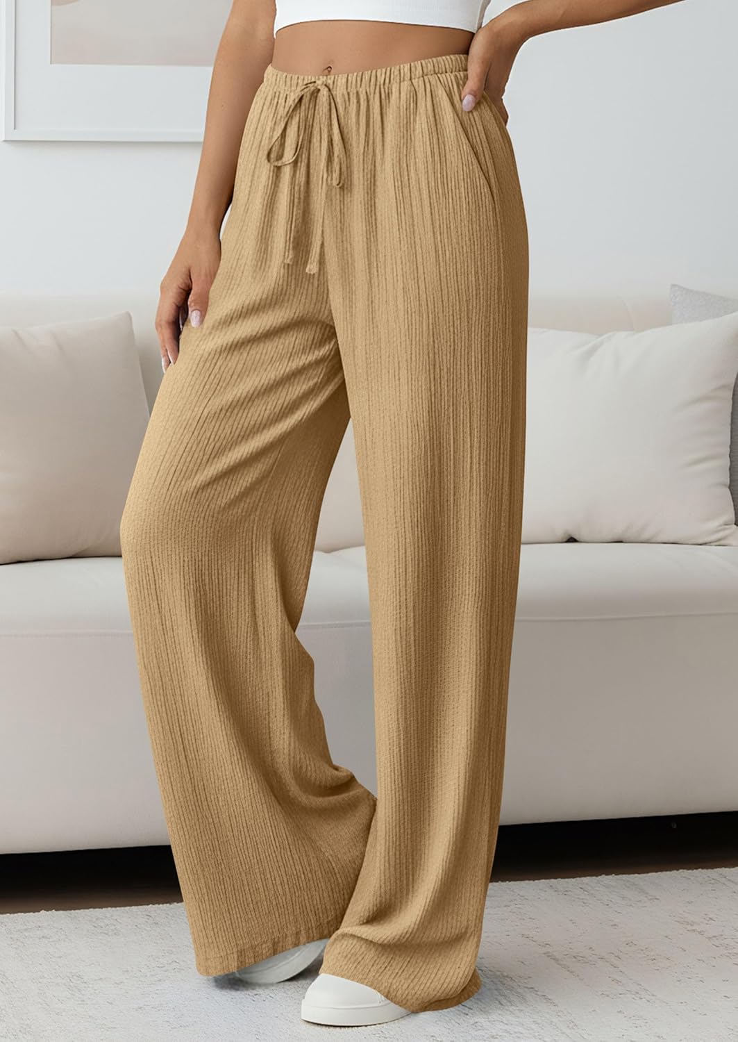 Jessica Pantalon Femme – Palazzo Large Taille Haute Cordon & Poches Été
