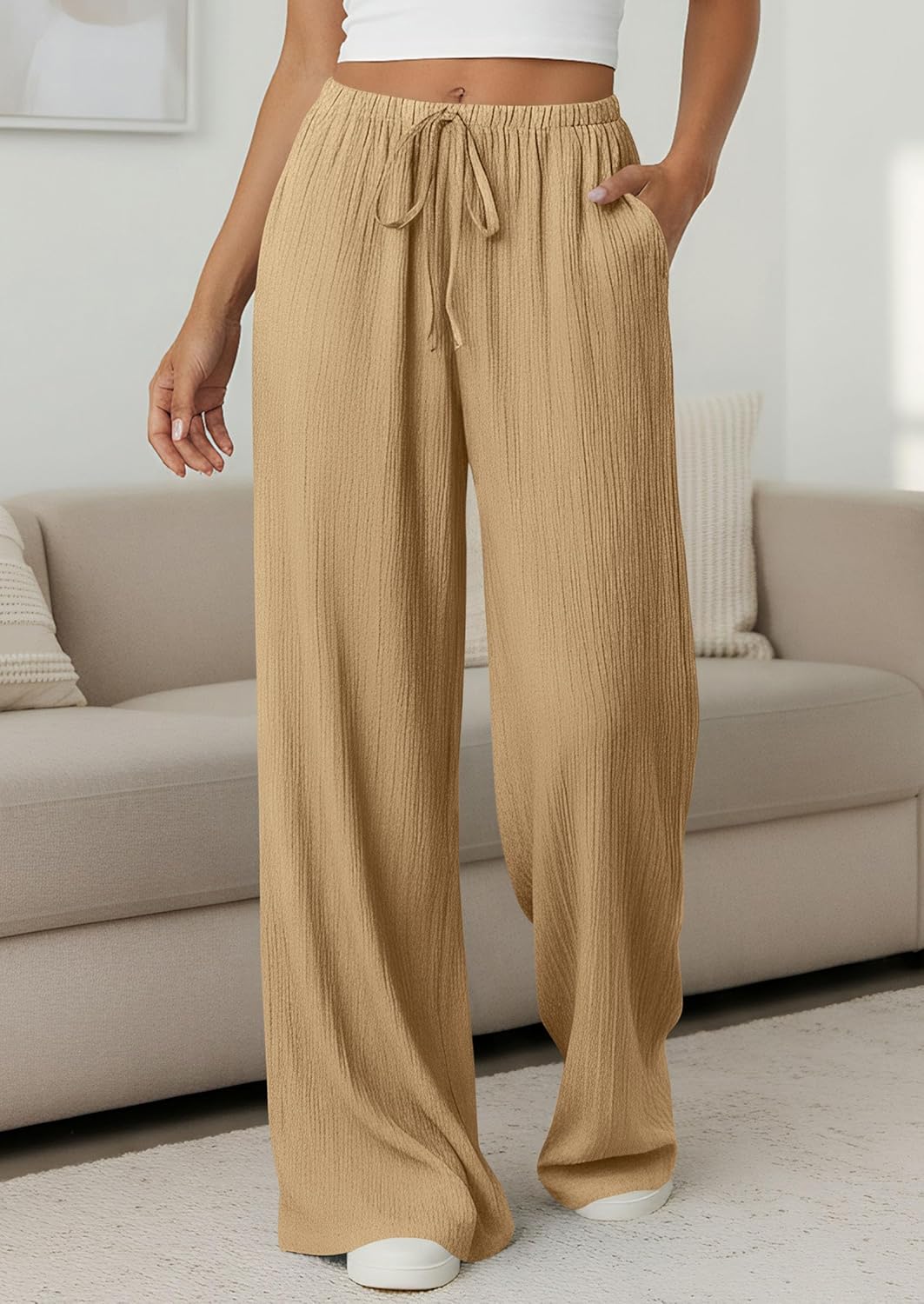 Jessica Pantalon Femme – Palazzo Large Taille Haute Cordon & Poches Été