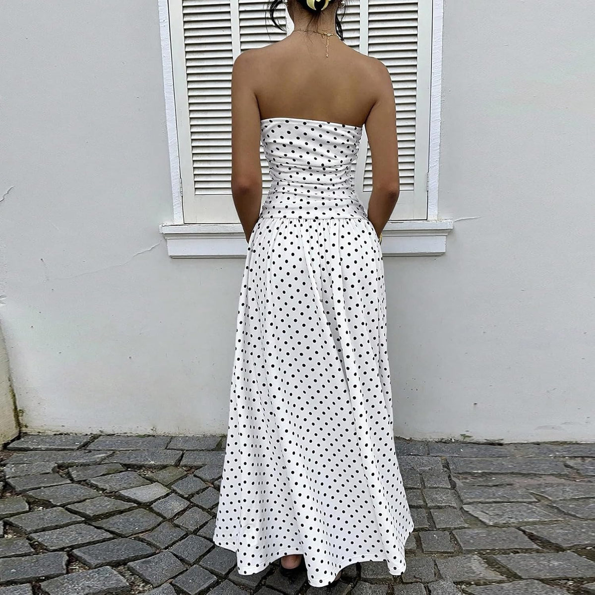 Vestido Sophie Mulher – Vestido Maxi Bandeau com Bolinhas Cintura Alta Fluido Elegante Verão