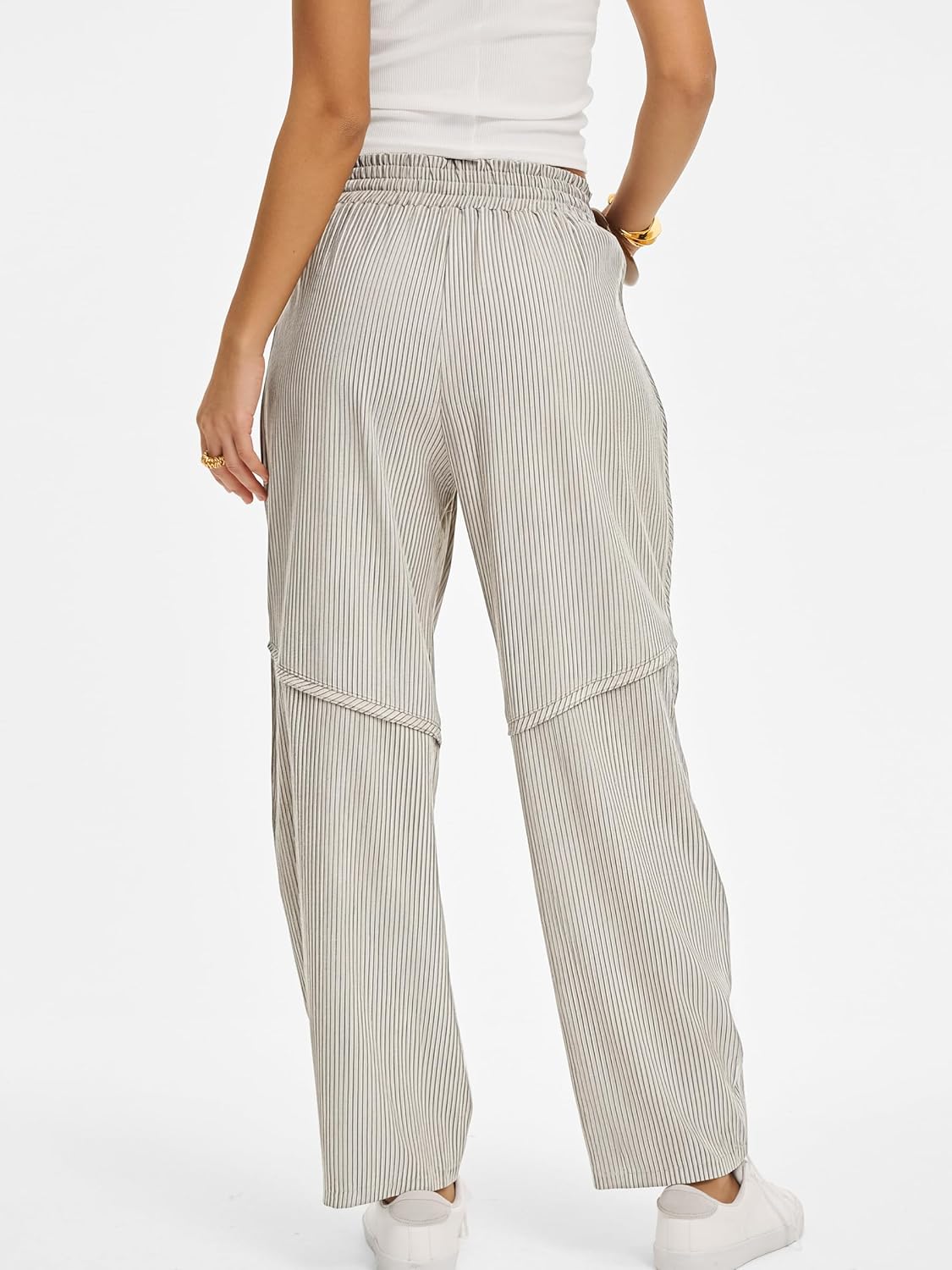 Kim Pantalon Femme Rayé Barrel – Coupe Large, Taille Élastique, Style Décontracté