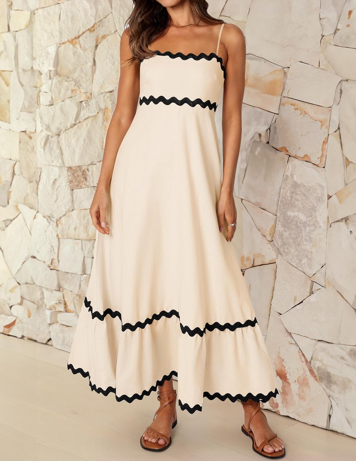 Vestito Midi da Donna Ella – Vestito con Schiena Scoperta, Spalline Sottili, Scollo Arricciato, Fluido, Estivo ed Elegante