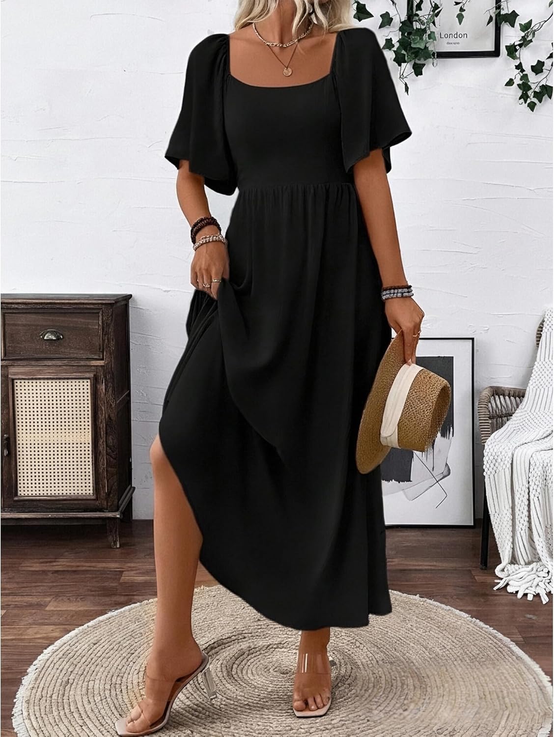 Vestido largo para mujer Patricia – Cuello cuadrado, corte línea A fluido, mangas murciélago verano