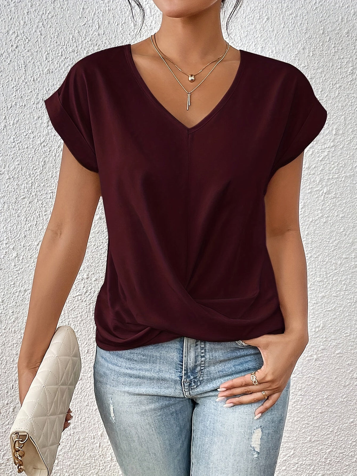 Yasmine Top Damen – V-Ausschnitt mit Schleifendetail, eleganter Drapierung & bequemer Schnitt