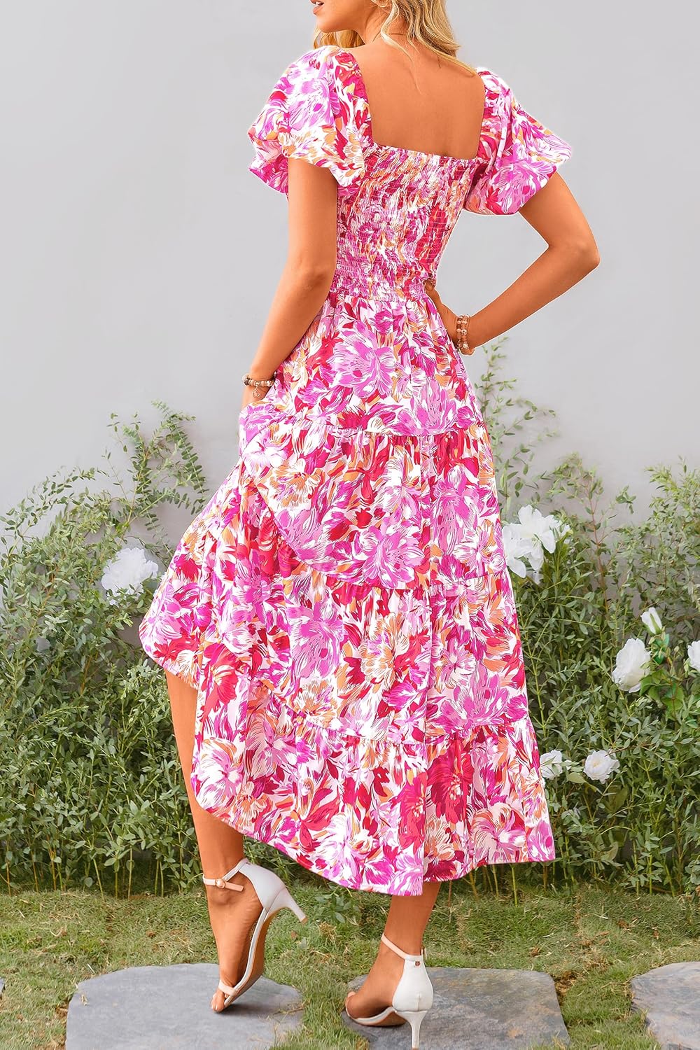 Juanna Robe Midi Femme Été – Robe Col Carré Smockée avec Manches Bouffantes & Volants