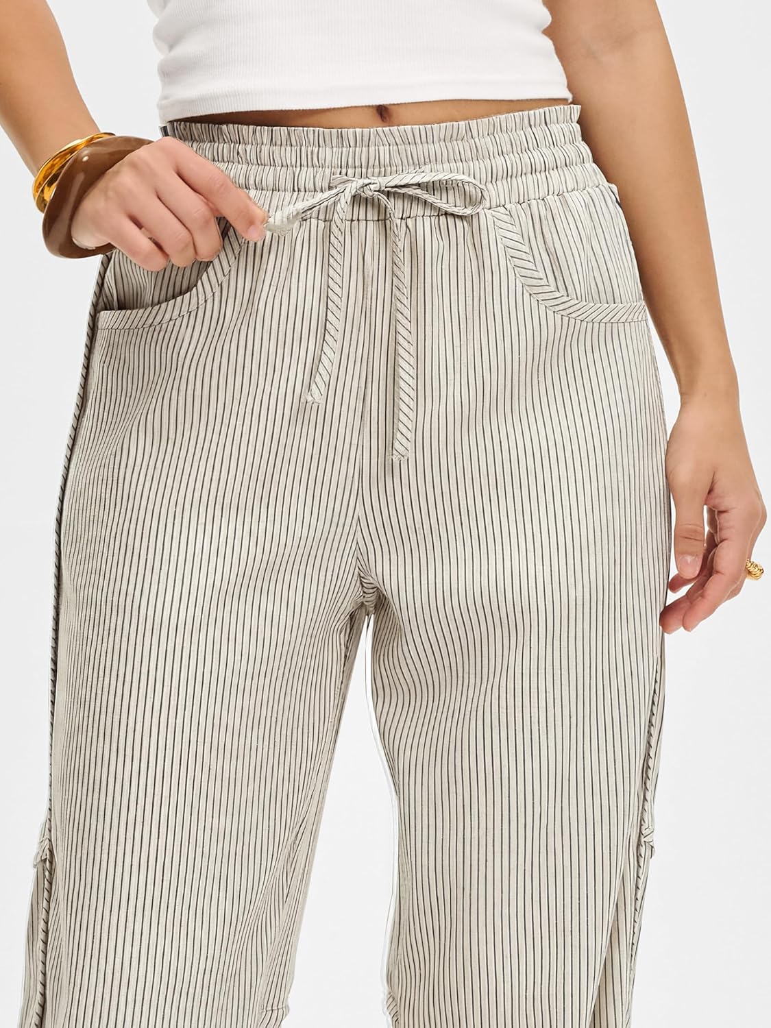 Kim Pantalon Femme Rayé Barrel – Coupe Large, Taille Élastique, Style Décontracté