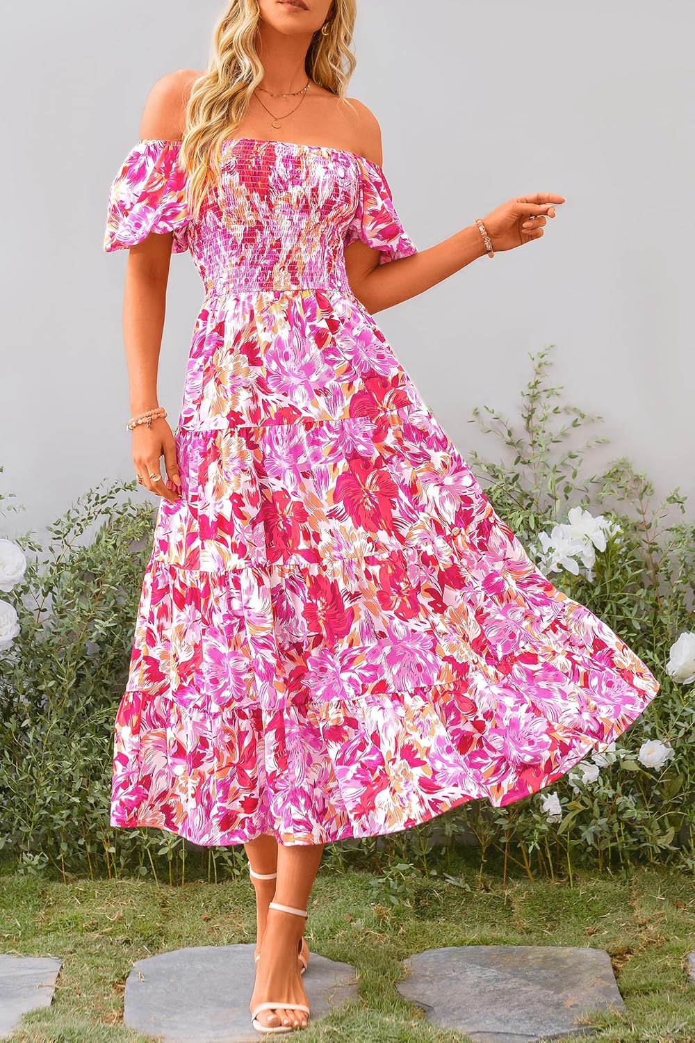 Juanna Robe Midi Femme Été – Robe Col Carré Smockée avec Manches Bouffantes & Volants
