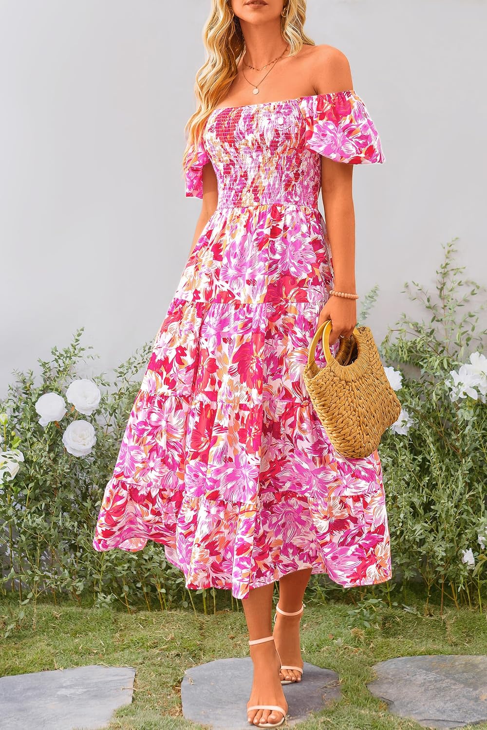 Juanna Robe Midi Femme Été – Robe Col Carré Smockée avec Manches Bouffantes & Volants